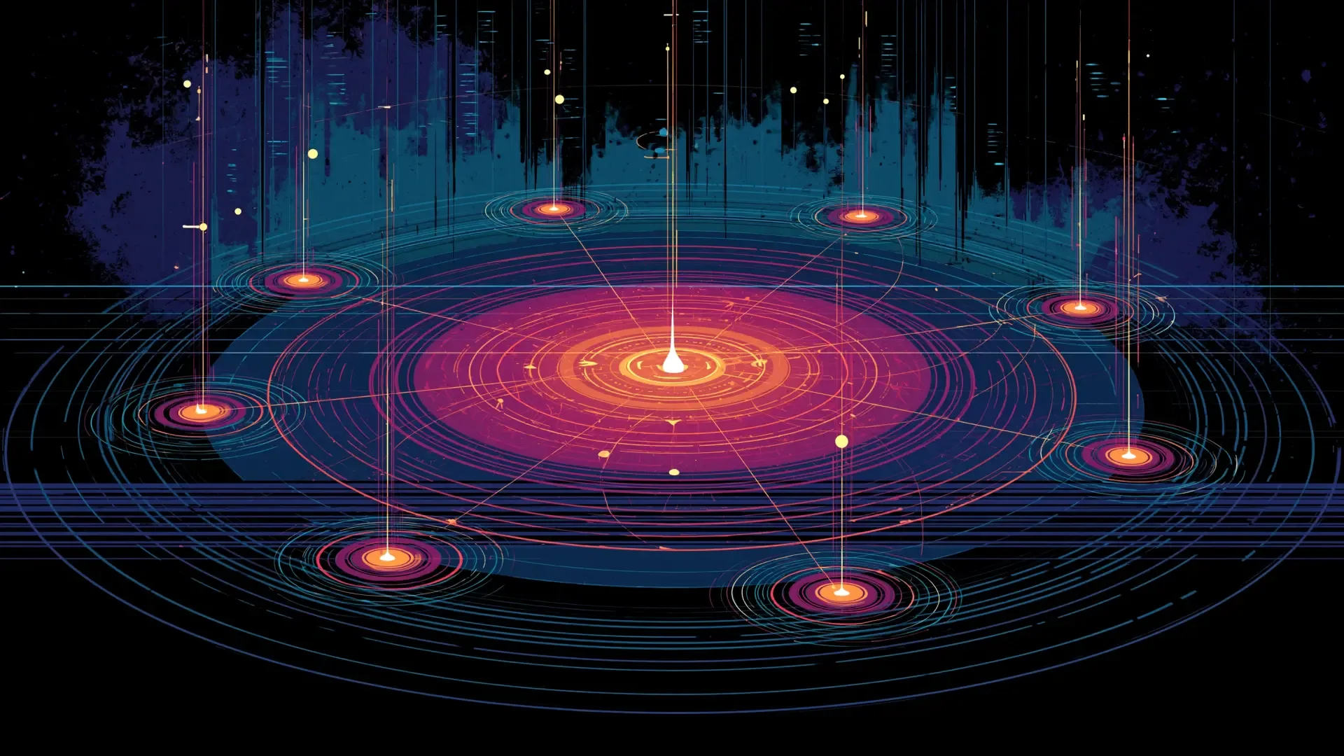 Abstract Synapse fleet-defense map with coordinated signal nodes around a central decision core
