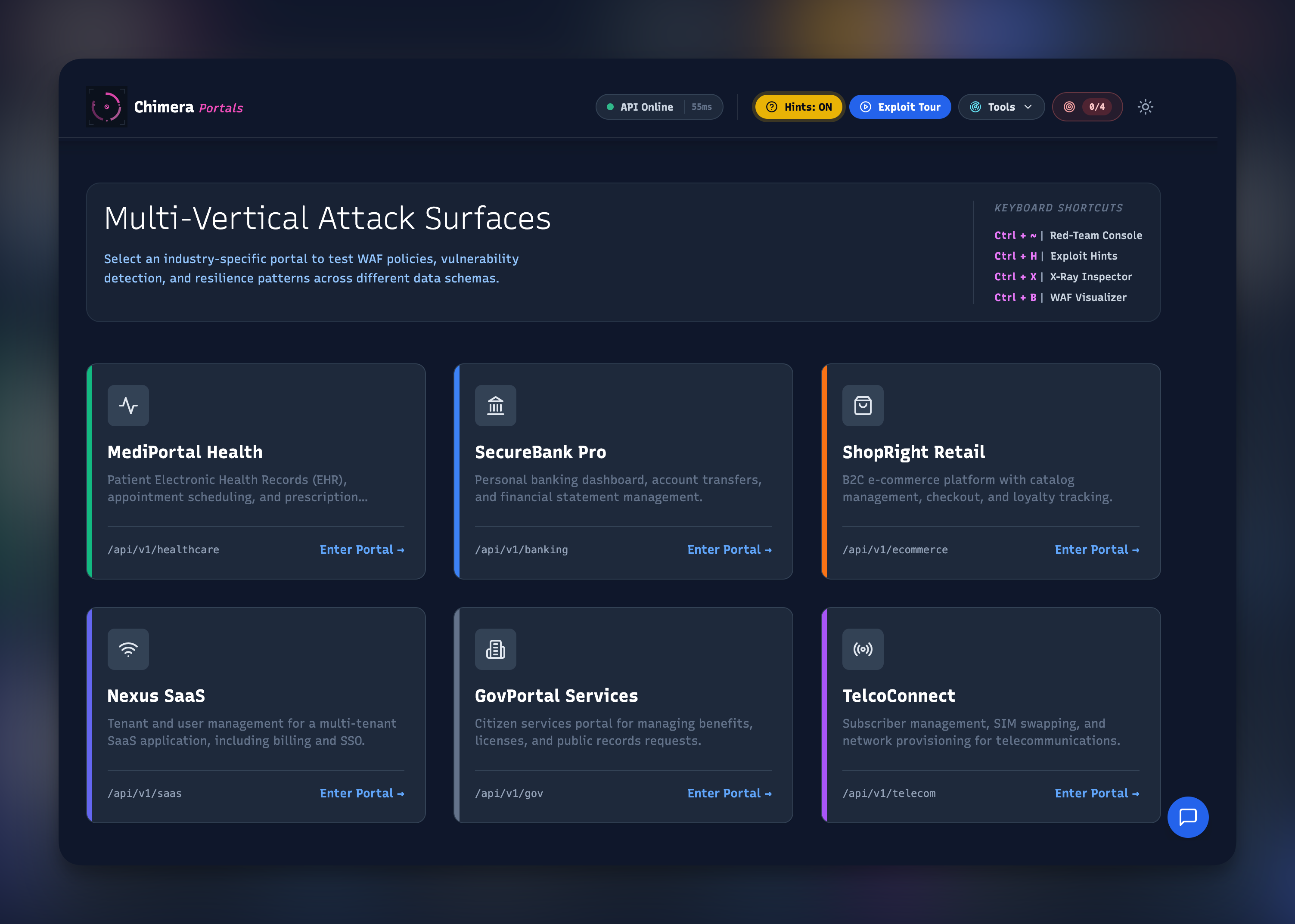 Chimera branded industry portals — healthcare, banking, e-commerce, and other production-style frontends